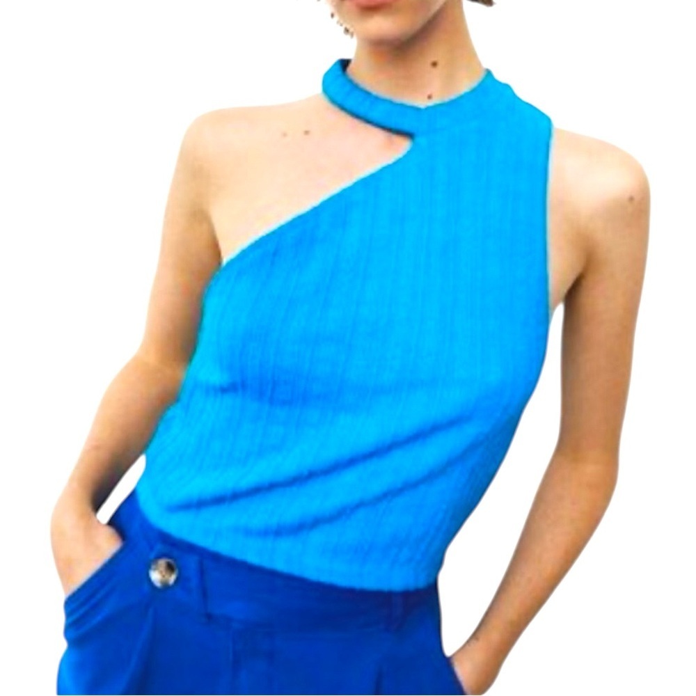 ZARA BLUE ONE SHOULDER CUT-OUT CROPPED TOP SZ LG EUC